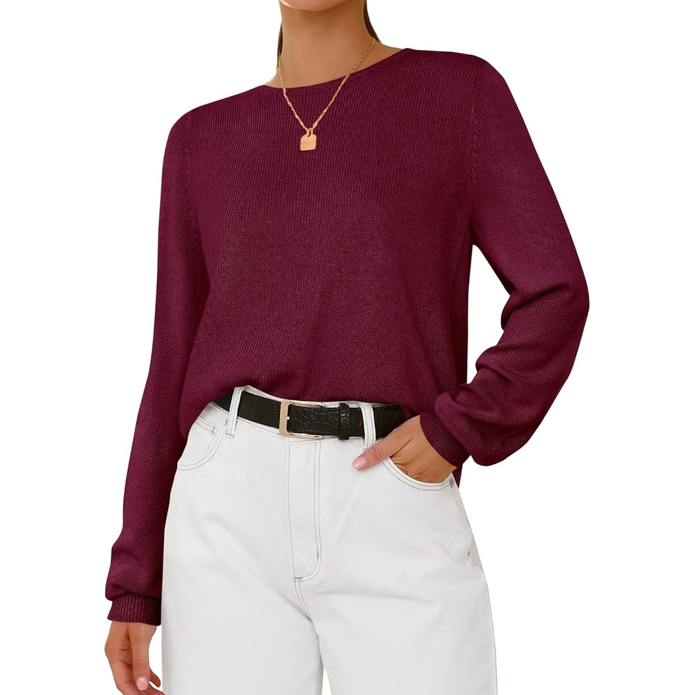 image:imageBTFBM Womens Long Sleeve Sweaters Crew Neck Basic Tops Business Casual TopLightweight Knit Pullover SweaterBasic Travel OutfitsLadies ShirtsFall Fashion Winter Layer ClothesBurgundy