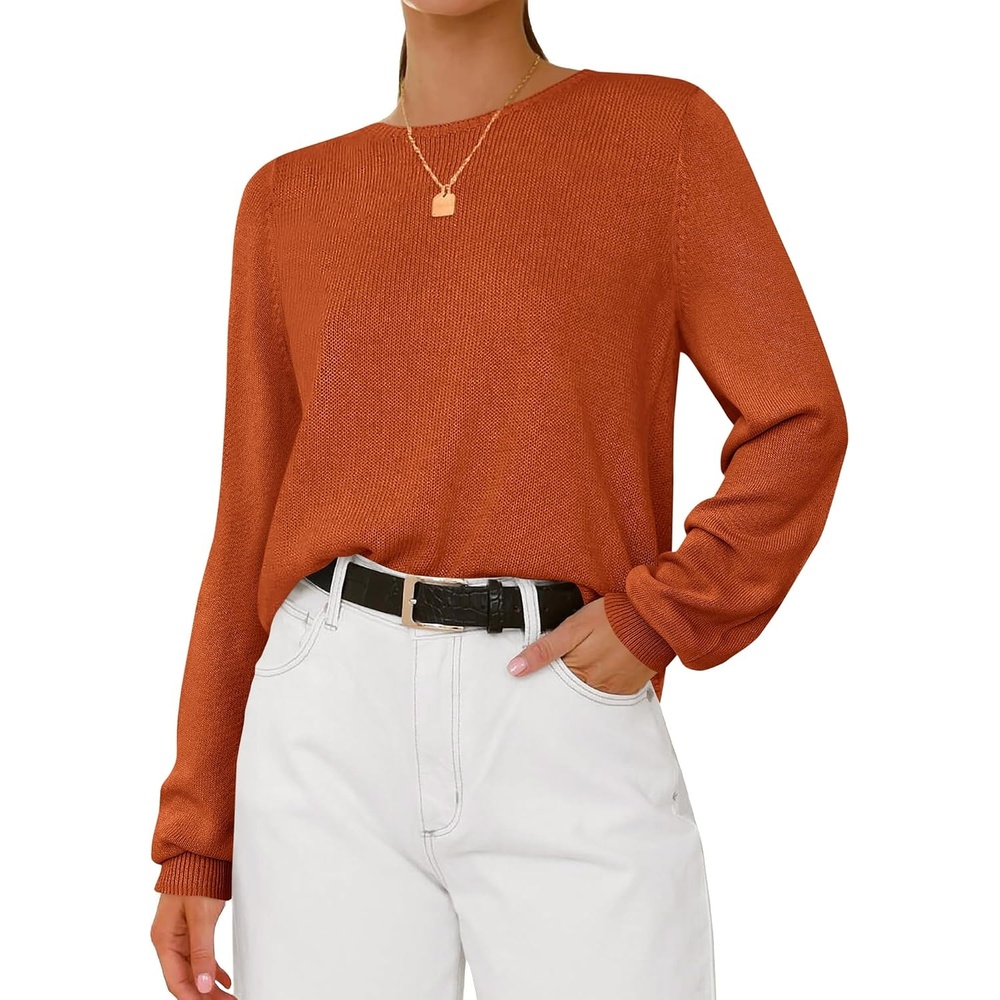 image:imageBTFBM Womens Long Sleeve Sweaters Crew Neck Basic Tops Business Casual TopLightweight Knit Pullover SweaterBasic Travel OutfitsLadies ShirtsFall Fashion Winter Layer ClothesCaramel