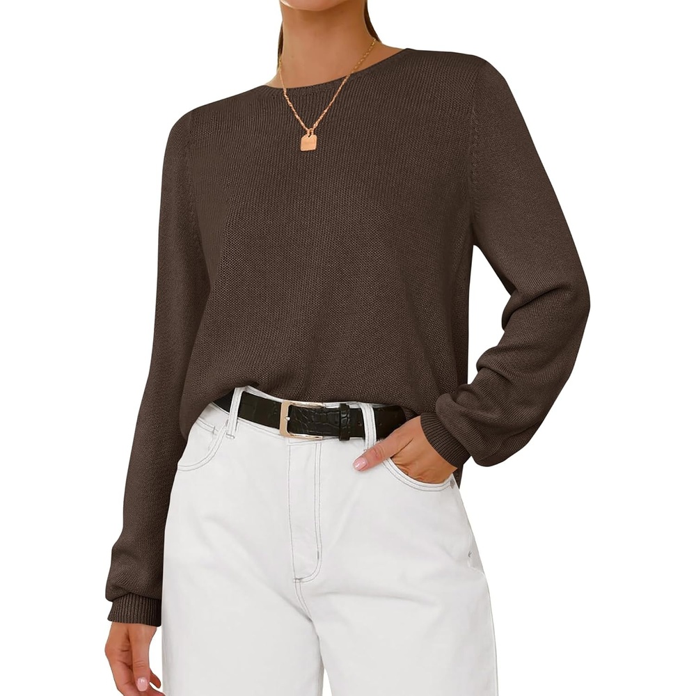 image:imageBTFBM Womens Long Sleeve Sweaters Crew Neck Basic Tops Business Casual TopLightweight Knit Pullover SweaterBasic Travel OutfitsLadies ShirtsFall Fashion Winter Layer ClothesBrown