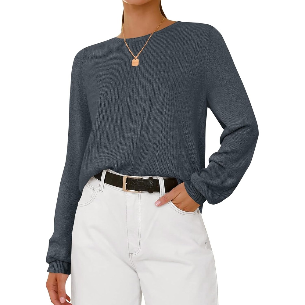 image:imageBTFBM Womens Long Sleeve Sweaters Crew Neck Basic Tops Business Casual TopLightweight Knit Pullover SweaterBasic Travel OutfitsLadies ShirtsFall Fashion Winter Layer ClothesDark Gray