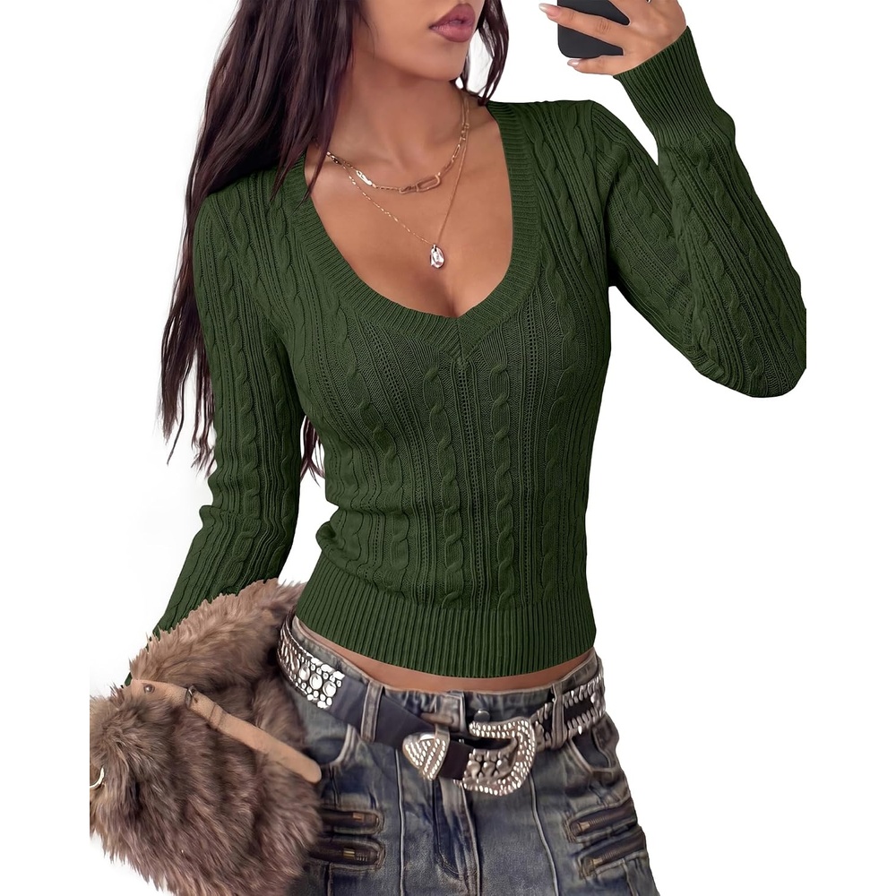 image:imageBTFBM Womens Sweaters Cable Knit V Neck Long Sleeve Tops Lightweight Ribbed Fitted PulloverY2K Going Out TopBasic Tunic Daily Wear Fall 2026Dressy Work Business Casual OutfitsArmy Green