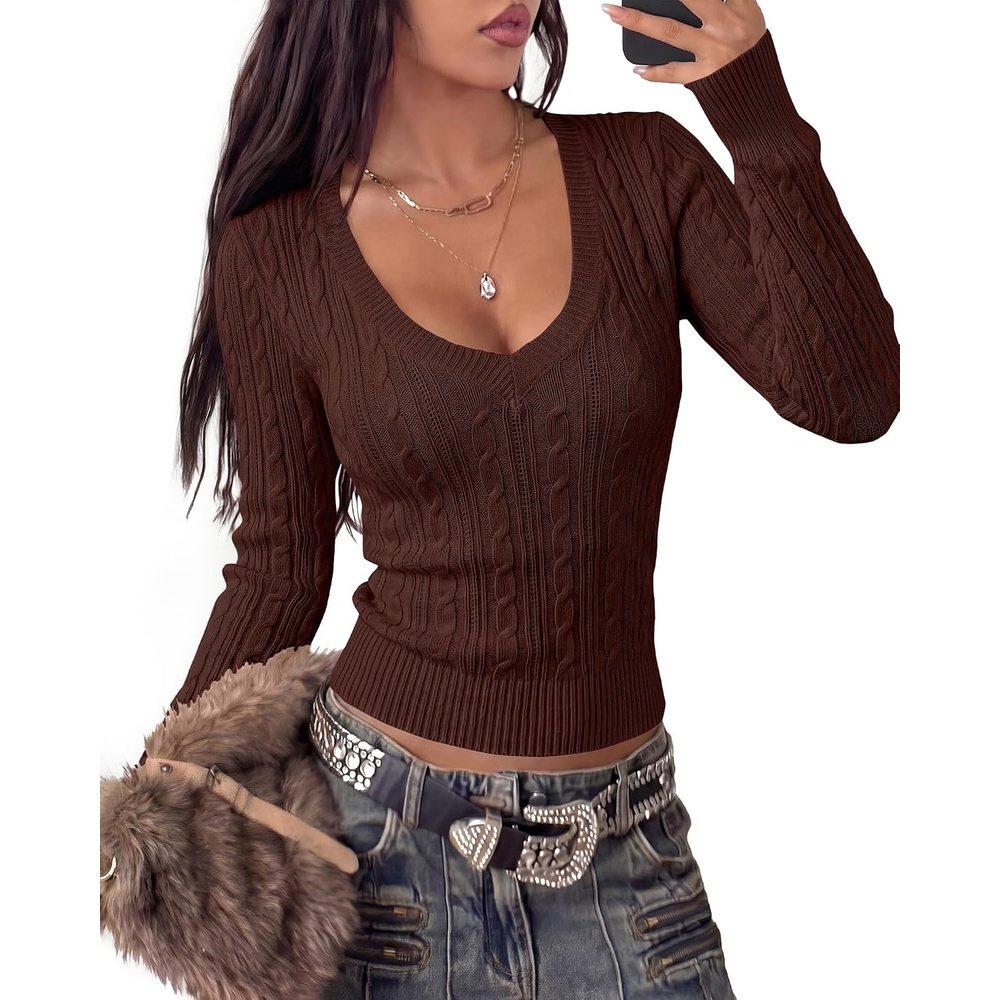 image:imageBTFBM Womens Sweaters Cable Knit V Neck Long Sleeve Tops Lightweight Ribbed Fitted PulloverY2K Going Out TopBasic Tunic Daily Wear Fall 2026Dressy Work Business Casual OutfitsBrown