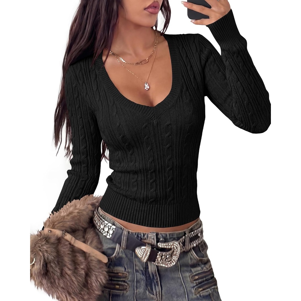 image:imageBTFBM Womens Sweaters Cable Knit V Neck Long Sleeve Tops Lightweight Ribbed Fitted PulloverY2K Going Out TopBasic Tunic Daily Wear Fall 2026Dressy Work Business Casual OutfitsBlack