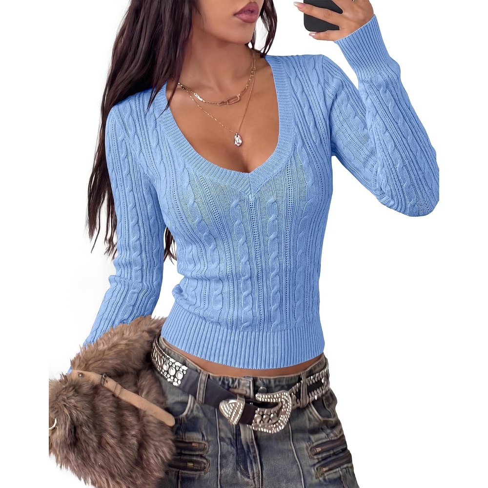 image:imageBTFBM Womens Sweaters Cable Knit V Neck Long Sleeve Tops Lightweight Ribbed Fitted PulloverY2K Going Out TopBasic Tunic Daily Wear Fall 2026Dressy Work Business Casual OutfitsLight Blue