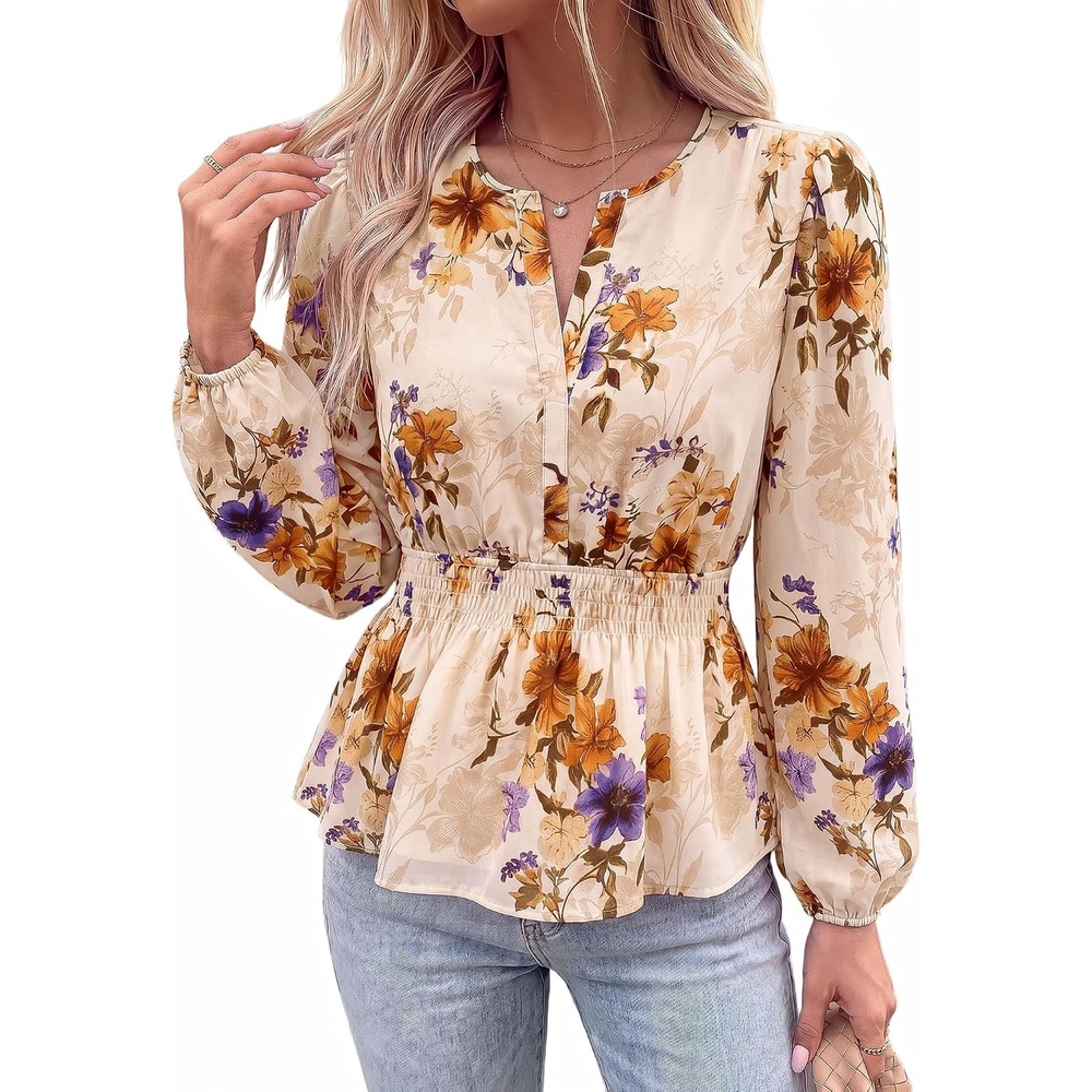 image:imageBTFBM Womens Tops Dressy Casual Floral V Neck Long Sleeve Chiffon Shirts Chiffon Lantern Sleeve Flowy Peplum Sheer TopElastic Waist Babydoll BlousesBoho Vacation Outfits2026 Fall Fashion ClothingFloral Beige Orange