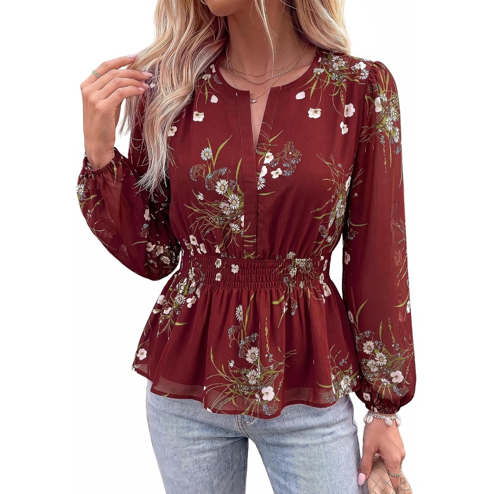 image:imageBTFBM Womens Tops Dressy Casual Floral V Neck Long Sleeve Chiffon Shirts  Chiffon Lantern Sleeve Flowy Peplum Sheer TopElastic Waist Babydoll BlousesBoho Vacation Outfits2026 Fall Fashion ClothingFloral Burgundy