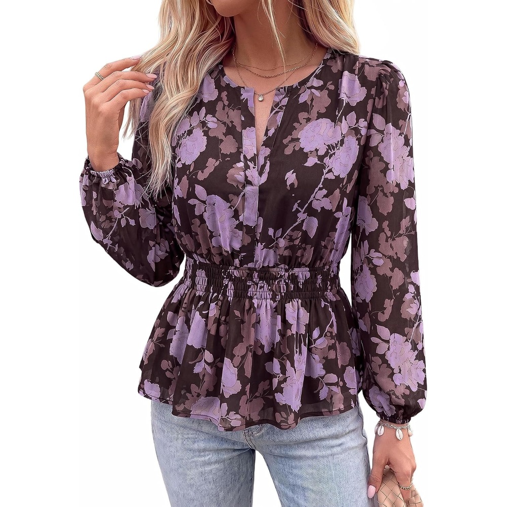 image:imageBTFBM Womens Tops Dressy Casual Floral V Neck Long Sleeve Chiffon Shirts  Chiffon Lantern Sleeve Flowy Peplum Sheer TopElastic Waist Babydoll BlousesBoho Vacation Outfits2026 Fall Fashion ClothingFloral Brown