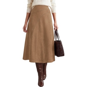 BTFBM Women Faux Suede Midi Long Skirt Fall Fashion 2026 | High Waisted Skirts For Women Trendy, Lightweight, Back Elastic, Arc Line Design, A-Line, Winter Dress, Boho Western Outfits(Khaki)