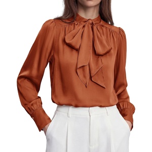 BTFBM Women Satin Blouses Bow Tie Work Business Casual Tops | Ruched Button Cuff Long Sleeve Top, Dressy Silk Blouse, Elegant Daily Professional Office Clothes, Early Fall Fashion 2026(Orange)