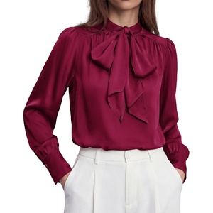 BTFBM Women Satin Blouses Bow Tie Work Business Casual Tops | Ruched Button Cuff Long Sleeve Top, Dressy Silk Blouse, Elegant Daily Professional Office Clothes, Early Fall Fashion 2026(Red)