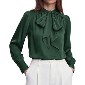 BTFBM Women Satin Blouses Bow Tie Work Business Casual Tops | Ruched Button Cuff Long Sleeve Top, Dressy Silk Blouse, Elegant Daily Professional Office Clothes, Early Fall Fashion 2026(Green)