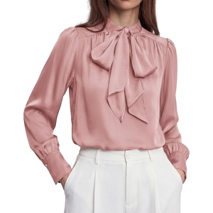 BTFBM Women Satin Blouses Bow Tie Work Business Casual Tops | Ruched Button Cuff Long Sleeve Top, Dressy Silk Blouse, Elegant Daily Professional Office Clothes, Early Fall Fashion 2026(Pink)