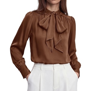 BTFBM Women Satin Blouses Bow Tie Work Business Casual Tops | Ruched Button Cuff Long Sleeve Top, Dressy Silk Blouse, Elegant Daily Professional Office Clothes, Early Fall Fashion 2026(Brown)