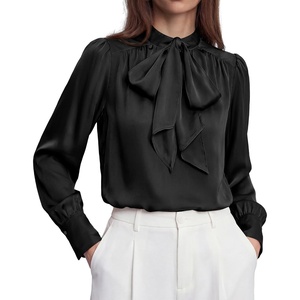 BTFBM Women Satin Blouses Bow Tie Work Business Casual Tops | Ruched Button Cuff Long Sleeve Top, Dressy Silk Blouse, Elegant Daily Professional Office Clothes, Early Fall Fashion 2026(Black)
