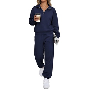 BTFBM Womens 2 Piece Outfits Sweatsuit Fleece Lounge Sets | Quarter Zip Pullover Sweatshirt,Baggy Jogger Sweatpants,2026 Fall Fashion Clothing,Airport Travel Matching Sweat Set(Navy Blue)