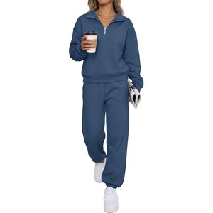 BTFBM Womens 2 Piece Outfits Sweatsuit Fleece Lounge Sets | Quarter Zip Pullover Sweatshirt,Baggy Jogger Sweatpants,2026 Fall Fashion Clothing,Airport Travel Matching Sweat Set(Blue)