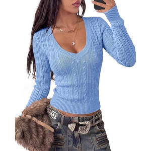 BTFBM Womens Sweaters Cable Knit V Neck Long Sleeve Tops | Lightweight Ribbed Fitted Pullover,Y2K Going Out Top,Basic Tunic Daily Wear Fall 2026,Dressy Work Business Casual Outfits(Light Blue)