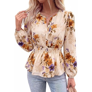 BTFBM Womens Tops Dressy Casual Floral V Neck Long Sleeve Chiffon Shirts | Chiffon Lantern Sleeve Flowy Peplum Sheer Top,Elastic Waist Babydoll Blouses,Boho Vacation Outfits,2026 Fall Fashion Clothing(Floral Beige Orange)