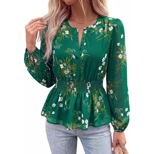 BTFBM Womens Tops Dressy Casual Floral V Neck Long Sleeve Chiffon Shirts | Chiffon Lantern Sleeve Flowy Peplum Sheer Top,Elastic Waist Babydoll Blouses,Boho Vacation Outfits,2026 Fall Fashion Clothing(Floral Green)