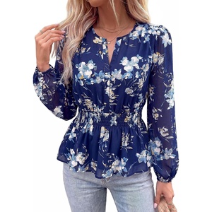 BTFBM Womens Tops Dressy Casual Floral V Neck Long Sleeve Chiffon Shirts | Chiffon Lantern Sleeve Flowy Peplum Sheer Top,Elastic Waist Babydoll Blouses,Boho Vacation Outfits,2026 Fall Fashion Clothing(Floral Dark Blue White)