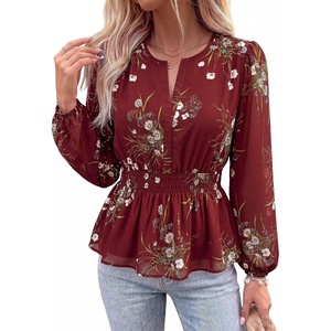 BTFBM Womens Tops Dressy Casual Floral V Neck Long Sleeve Chiffon Shirts | Chiffon Lantern Sleeve Flowy Peplum Sheer Top,Elastic Waist Babydoll Blouses,Boho Vacation Outfits,2026 Fall Fashion Clothing(Floral Burgundy)