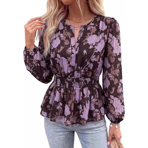 BTFBM Womens Tops Dressy Casual Floral V Neck Long Sleeve Chiffon Shirts | Chiffon Lantern Sleeve Flowy Peplum Sheer Top,Elastic Waist Babydoll Blouses,Boho Vacation Outfits,2026 Fall Fashion Clothing(Floral Brown)