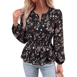 BTFBM Womens Tops Dressy Casual Floral V Neck Long Sleeve Chiffon Shirts | Chiffon Lantern Sleeve Flowy Peplum Sheer Top,Elastic Waist Babydoll Blouses,Boho Vacation Outfits,2026 Fall Fashion Clothing(Floral Black Multicolored)