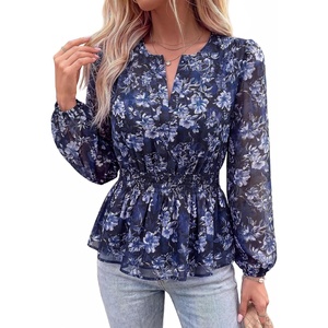 BTFBM Womens Tops Dressy Casual Floral V Neck Long Sleeve Chiffon Shirts | Chiffon Lantern Sleeve Flowy Peplum Sheer Top,Elastic Waist Babydoll Blouses,Boho Vacation Outfits,2026 Fall Fashion Clothing(Floral Blue)