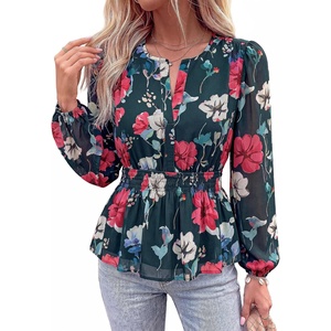 BTFBM Womens Tops Dressy Casual Floral V Neck Long Sleeve Chiffon Shirts | Chiffon Lantern Sleeve Flowy Peplum Sheer Top,Elastic Waist Babydoll Blouses,Boho Vacation Outfits,2026 Fall Fashion Clothing(Floral Green Red)