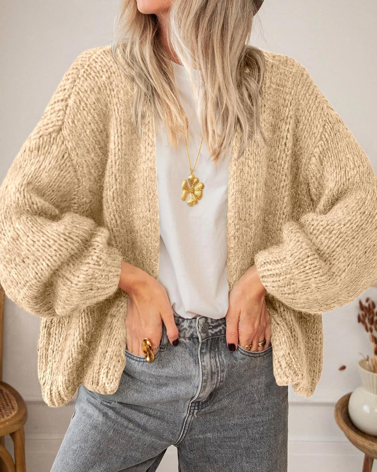 image:imageBTFBM Cardigan Sweaters for Women Fall Fashion Clothes 2026 No Button No Pocket Design Chunky Knit Open Front Cardigans Ribbed Cuff Long Sleeve Sweater Loose Winter Coat ClothingKhaki