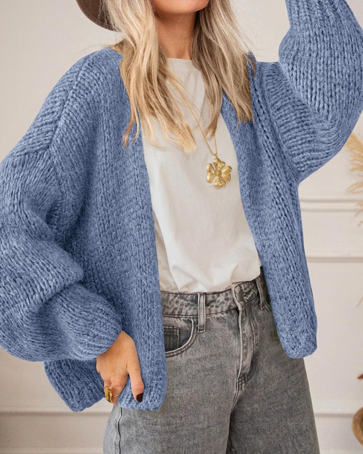 image:imageBTFBM Cardigan Sweaters for Women Fall Fashion Clothes 2026 No Button No Pocket Design Chunky Knit Open Front Cardigans Ribbed Cuff Long Sleeve Sweater Loose Winter Coat ClothingDusty Blue