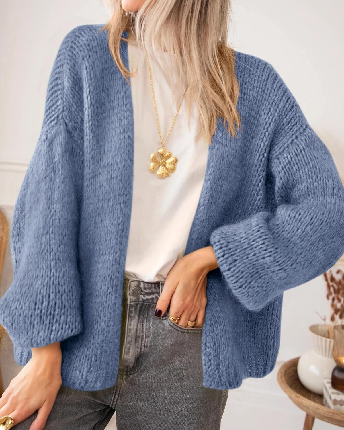 image:imageBTFBM Cardigan Sweaters for Women Fall Fashion Clothes 2026 No Button No Pocket Design Chunky Knit Open Front Cardigans Ribbed Cuff Long Sleeve Sweater Loose Winter Coat ClothingDusty Blue