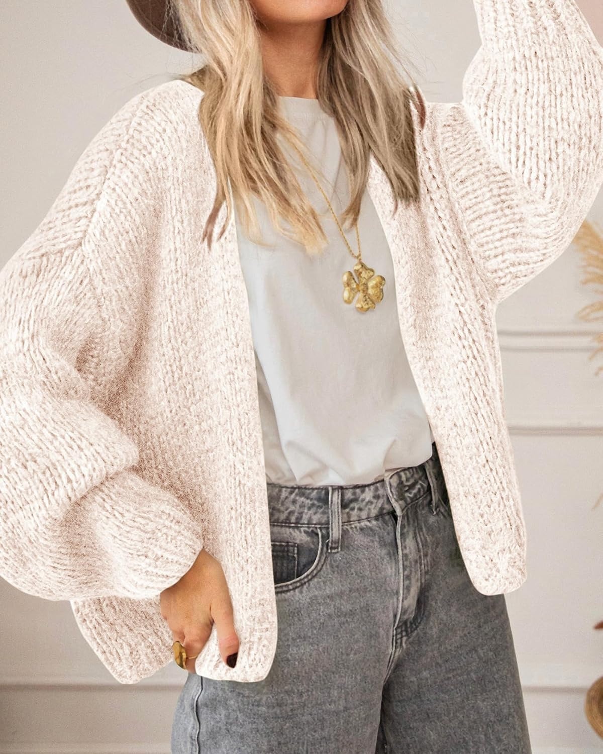 image:imageBTFBM Cardigan Sweaters for Women Fall Fashion Clothes 2026 No Button No Pocket Design Chunky Knit Open Front Cardigans Ribbed Cuff Long Sleeve Sweater Loose Winter Coat ClothingBeige