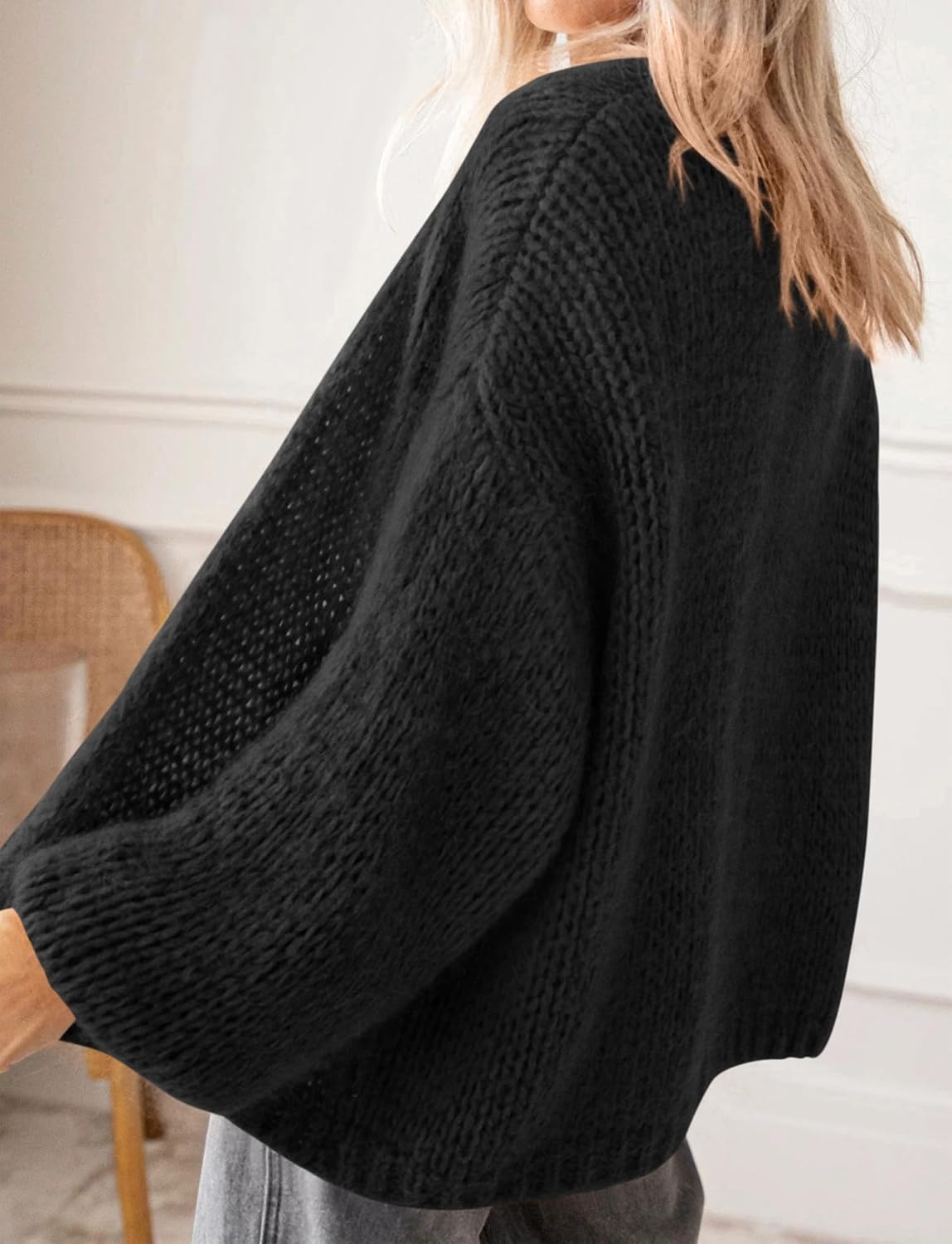 image:imageBTFBM Cardigan Sweaters for Women Fall Fashion Clothes 2026 No Button No Pocket Design Chunky Knit Open Front Cardigans Ribbed Cuff Long Sleeve Sweater Loose Winter Coat ClothingBlack