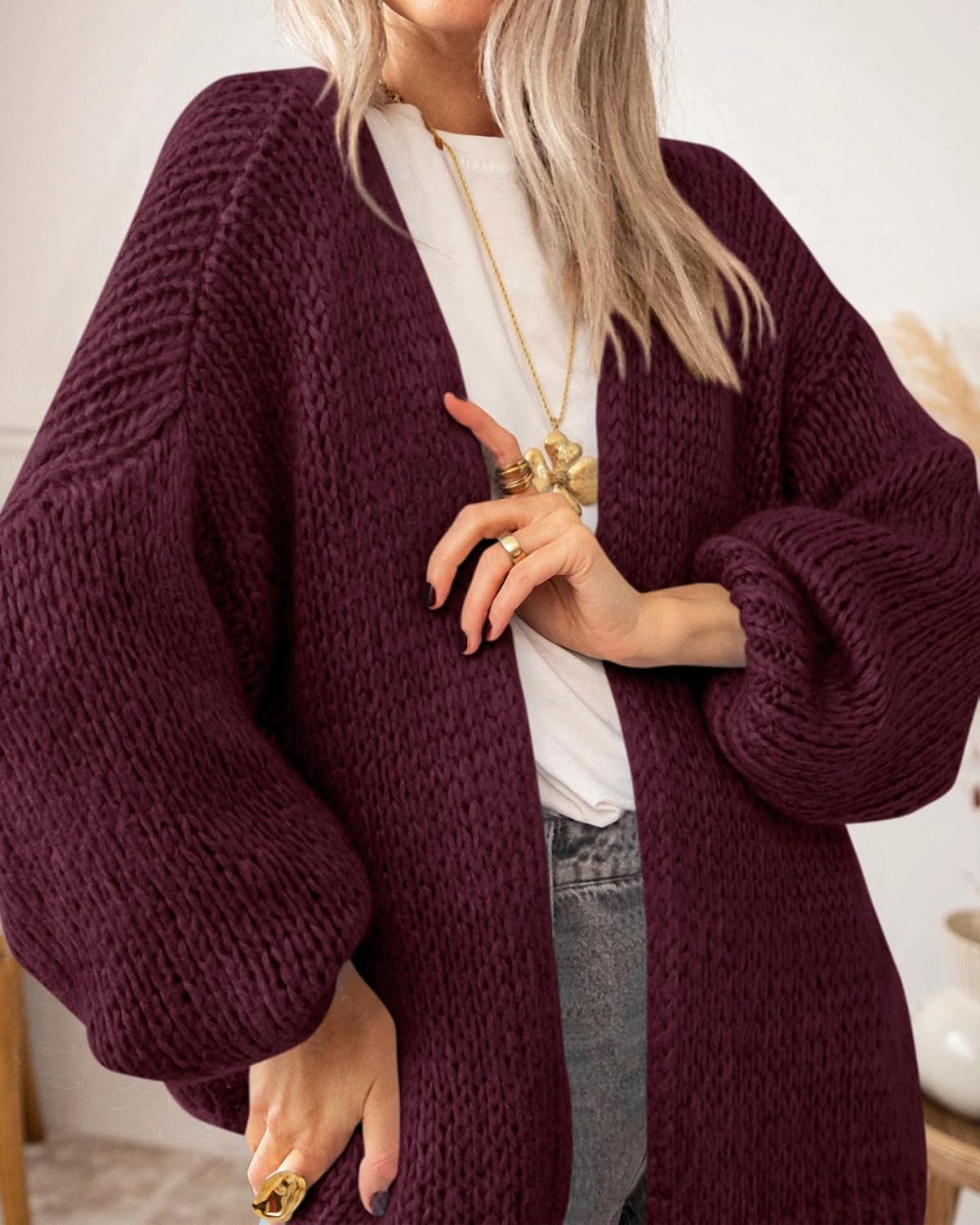 image:imageBTFBM Cardigan Sweaters for Women Fall Fashion Clothes 2026 No Button No Pocket Design Chunky Knit Open Front Cardigans Ribbed Cuff Long Sleeve Sweater Loose Winter Coat ClothingBurgundy
