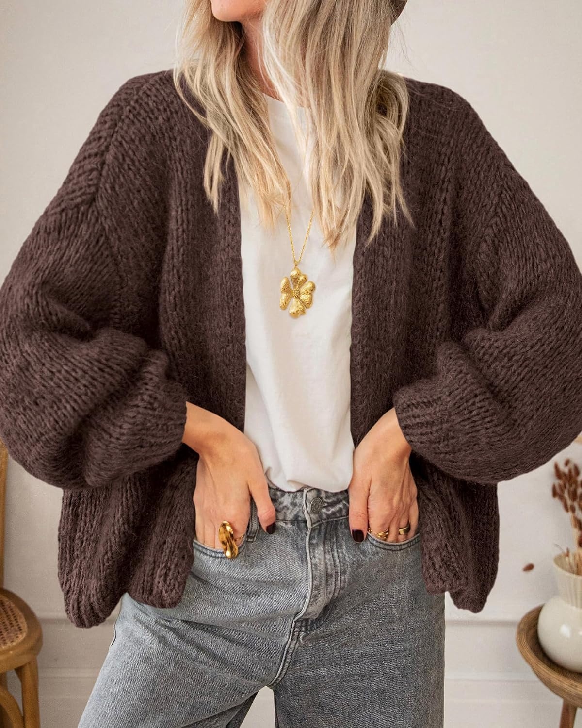image:imageBTFBM Cardigan Sweaters for Women Fall Fashion Clothes 2026 No Button No Pocket Design Chunky Knit Open Front Cardigans Ribbed Cuff Long Sleeve Sweater Loose Winter Coat ClothingCoffee