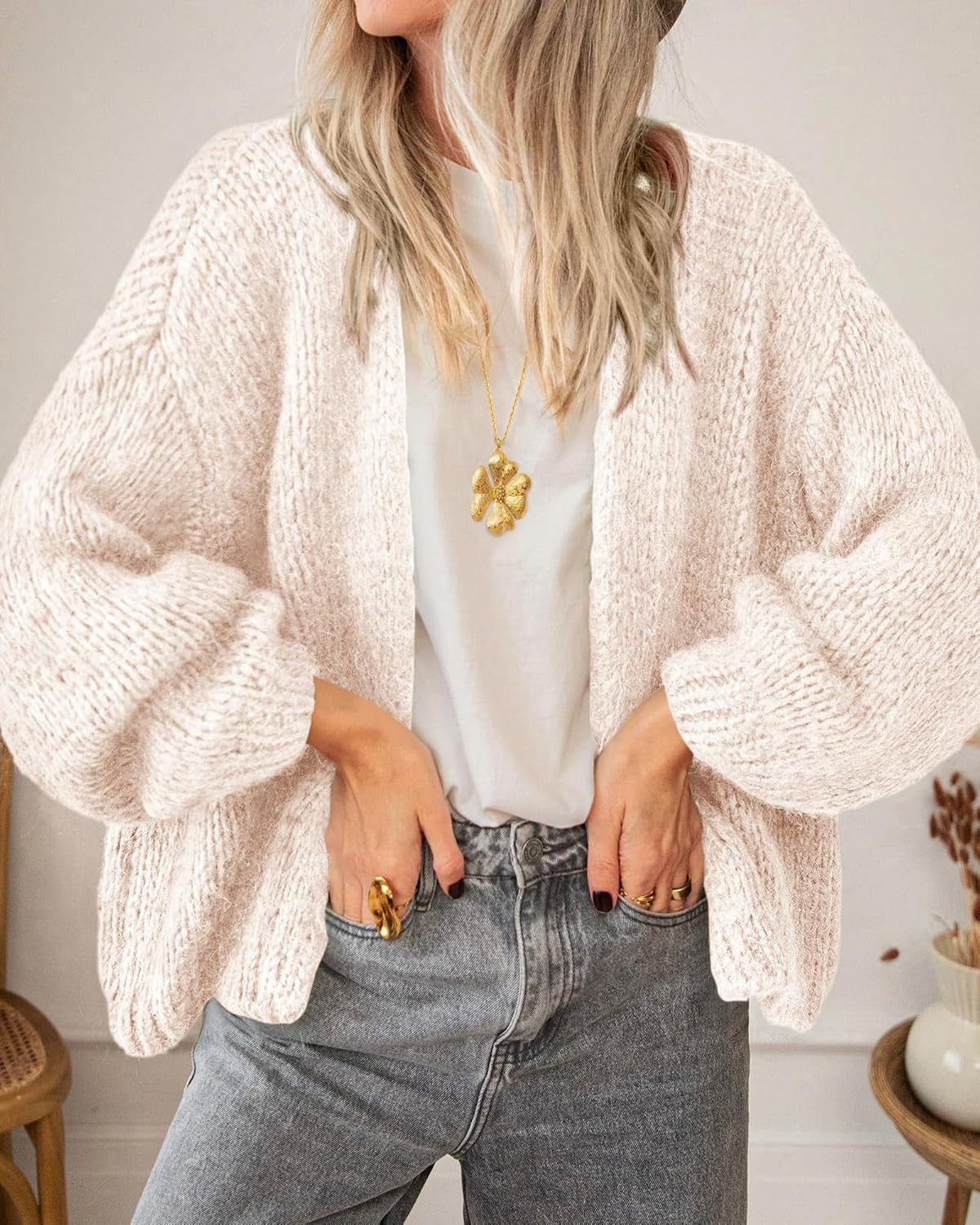 image:imageBTFBM Cardigan Sweaters for Women Fall Fashion Clothes 2026 No Button No Pocket Design Chunky Knit Open Front Cardigans Ribbed Cuff Long Sleeve Sweater Loose Winter Coat ClothingBeige