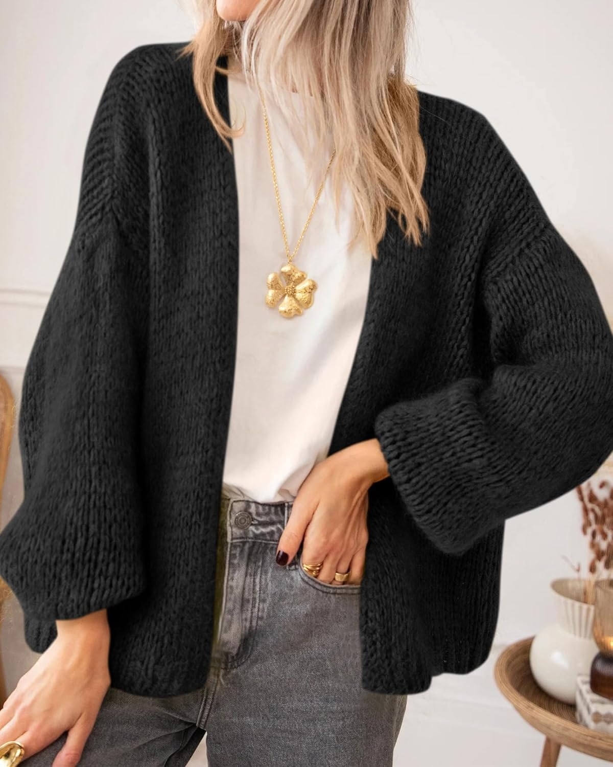 image:imageBTFBM Cardigan Sweaters for Women Fall Fashion Clothes 2026 No Button No Pocket Design Chunky Knit Open Front Cardigans Ribbed Cuff Long Sleeve Sweater Loose Winter Coat ClothingBlack