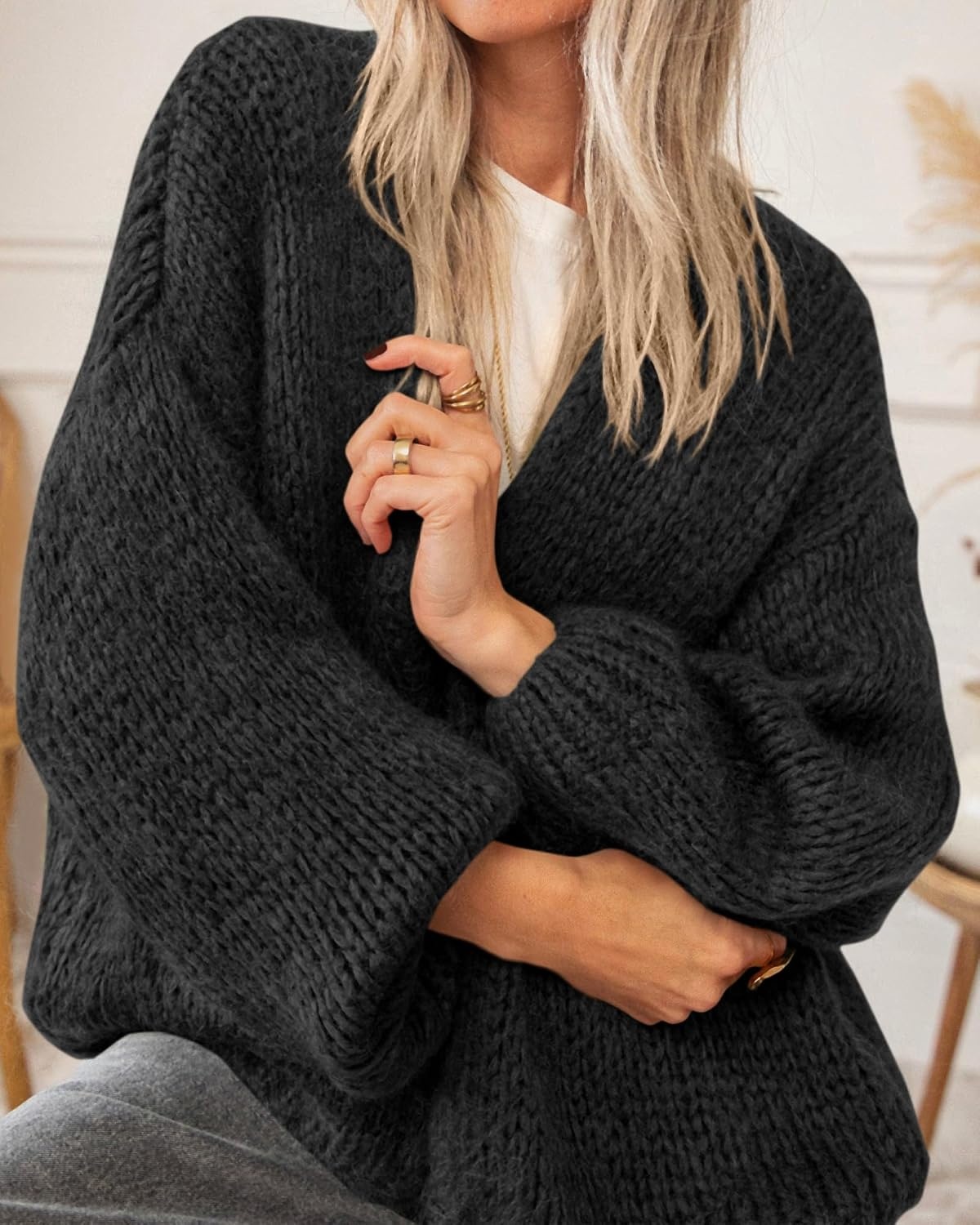 image:imageBTFBM Cardigan Sweaters for Women Fall Fashion Clothes 2026 No Button No Pocket Design Chunky Knit Open Front Cardigans Ribbed Cuff Long Sleeve Sweater Loose Winter Coat ClothingBlack