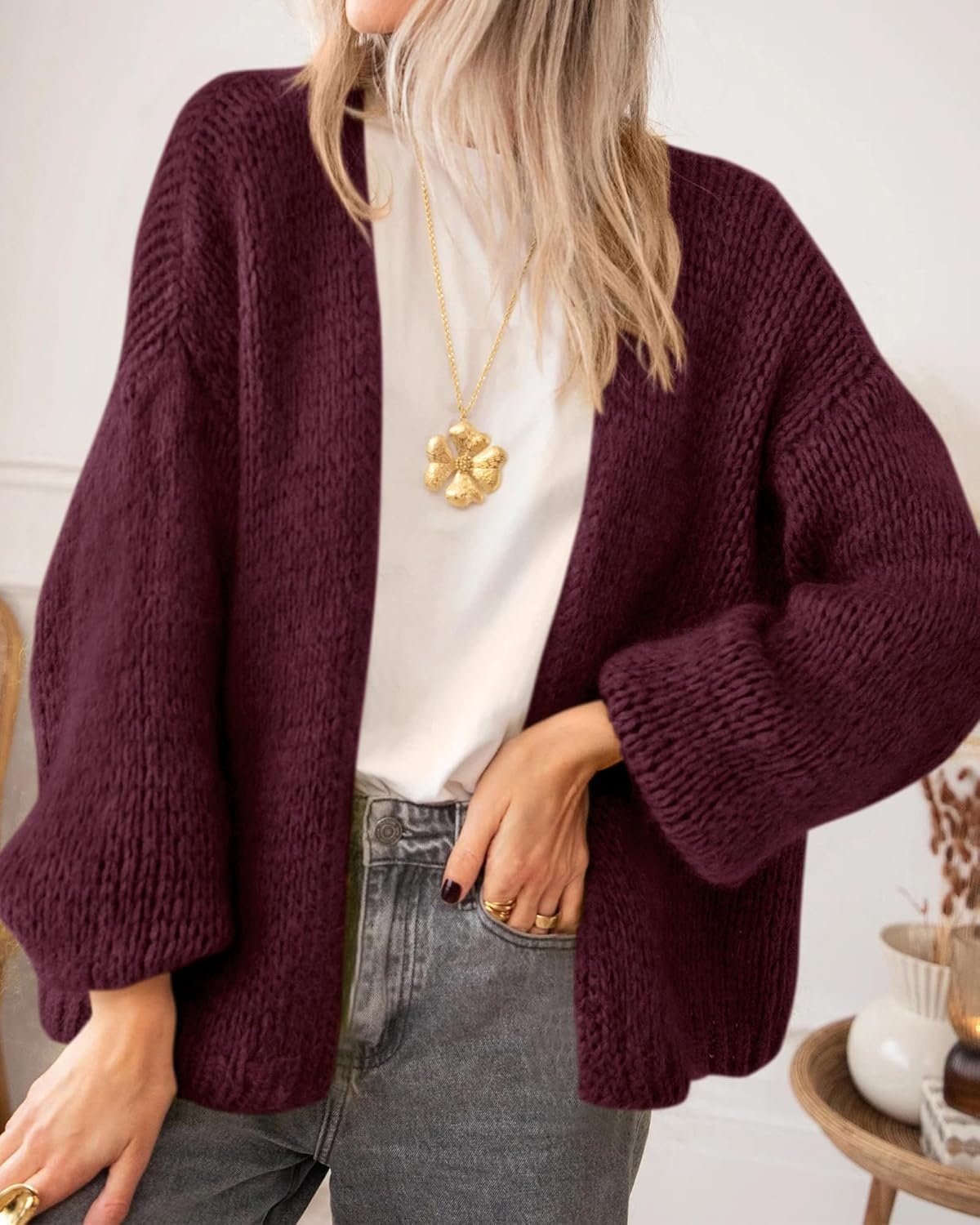 image:imageBTFBM Cardigan Sweaters for Women Fall Fashion Clothes 2026 No Button No Pocket Design Chunky Knit Open Front Cardigans Ribbed Cuff Long Sleeve Sweater Loose Winter Coat ClothingBurgundy