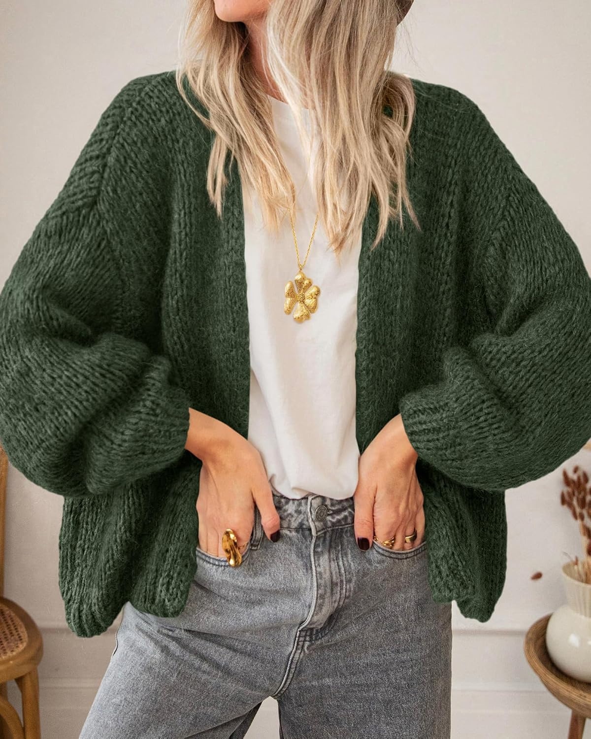 image:imageBTFBM Cardigan Sweaters for Women Fall Fashion Clothes 2026 No Button No Pocket Design Chunky Knit Open Front Cardigans Ribbed Cuff Long Sleeve Sweater Loose Winter Coat ClothingArmy Green