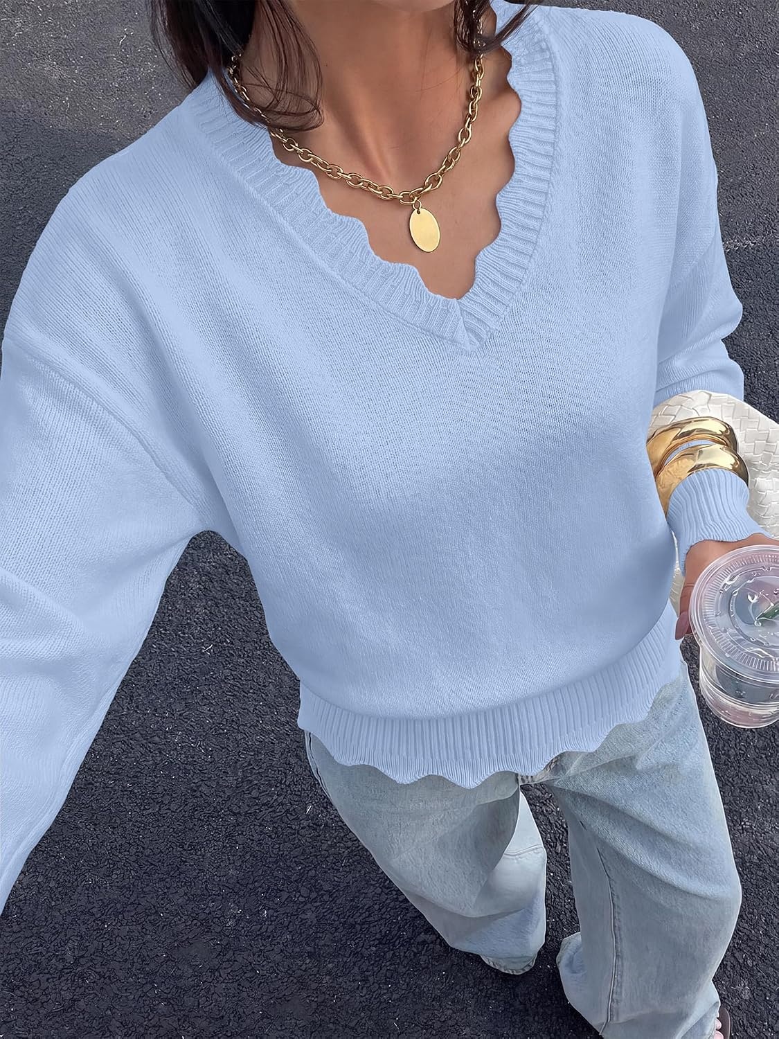 image:imageBTFBM Fall Long Sleeve Sweaters for Women V NeckDrop ShouldersScallop EdgesLightweight Knit Sweaters TopDaily WearHolidayChristmasWinter Clothing 2026Light Blue