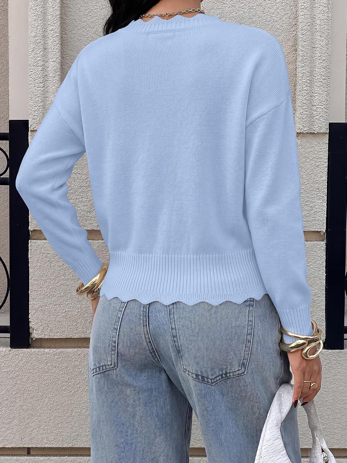 image:imageBTFBM Fall Long Sleeve Sweaters for Women V NeckDrop ShouldersScallop EdgesLightweight Knit Sweaters TopDaily WearHolidayChristmasWinter Clothing 2026Light Blue