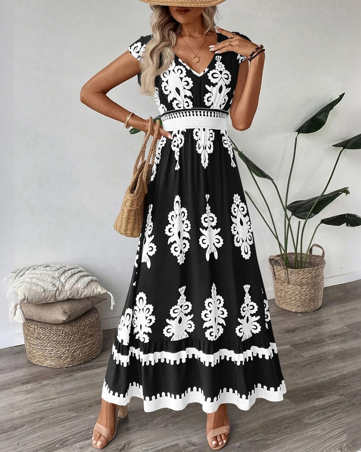 image:imageBTFBM Summer Dresses for Women Beach Fashion Floral Short Sleeve V Neck Boho Long Wedding Guest Maxi Dress SpringFloral Black White