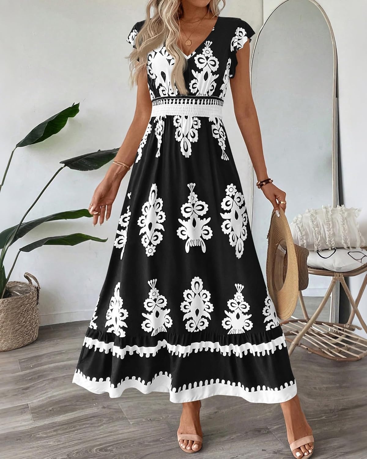 image:imageBTFBM Summer Dresses for Women Beach Fashion Floral Short Sleeve V Neck Boho Long Wedding Guest Maxi Dress SpringFloral Black White