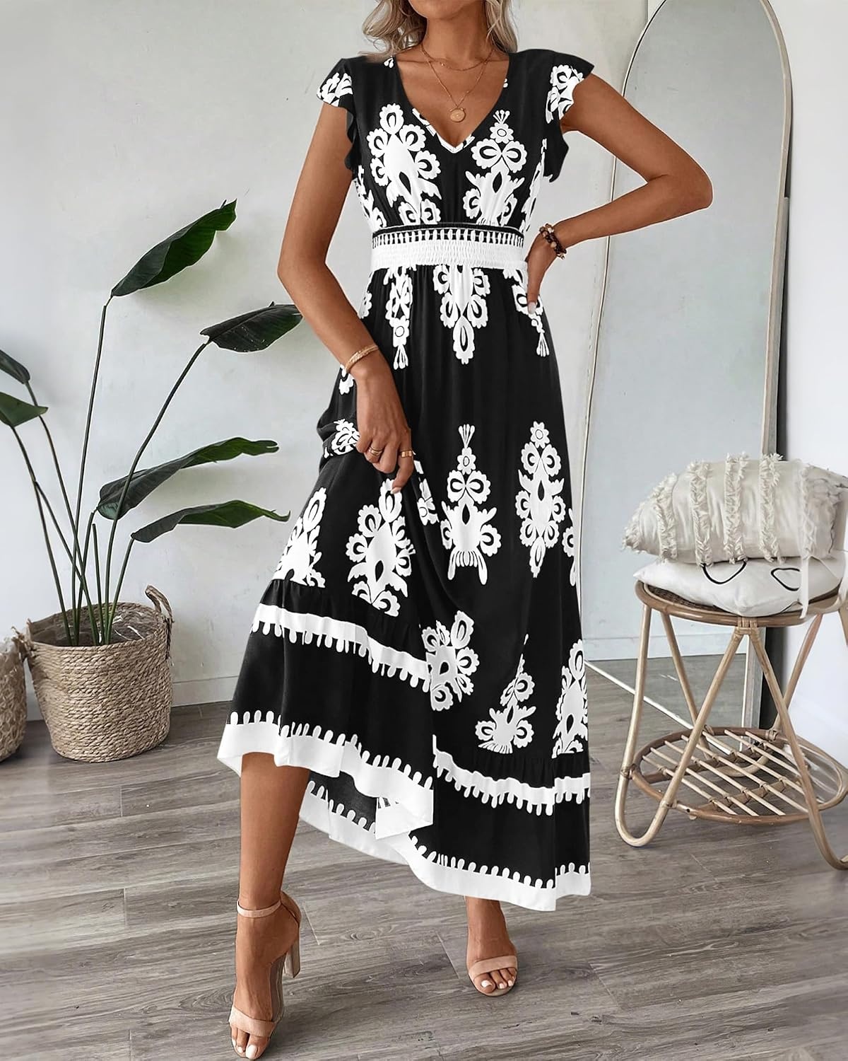 image:imageBTFBM Summer Dresses for Women Beach Fashion Floral Short Sleeve V Neck Boho Long Wedding Guest Maxi Dress SpringFloral Black White