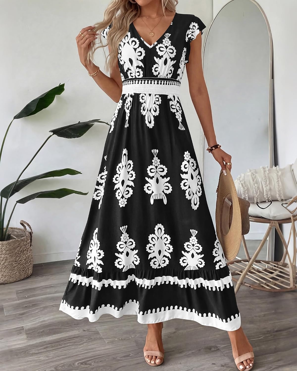 image:imageBTFBM Summer Dresses for Women Beach Fashion Floral Short Sleeve V Neck Boho Long Wedding Guest Maxi Dress SpringFloral Black White