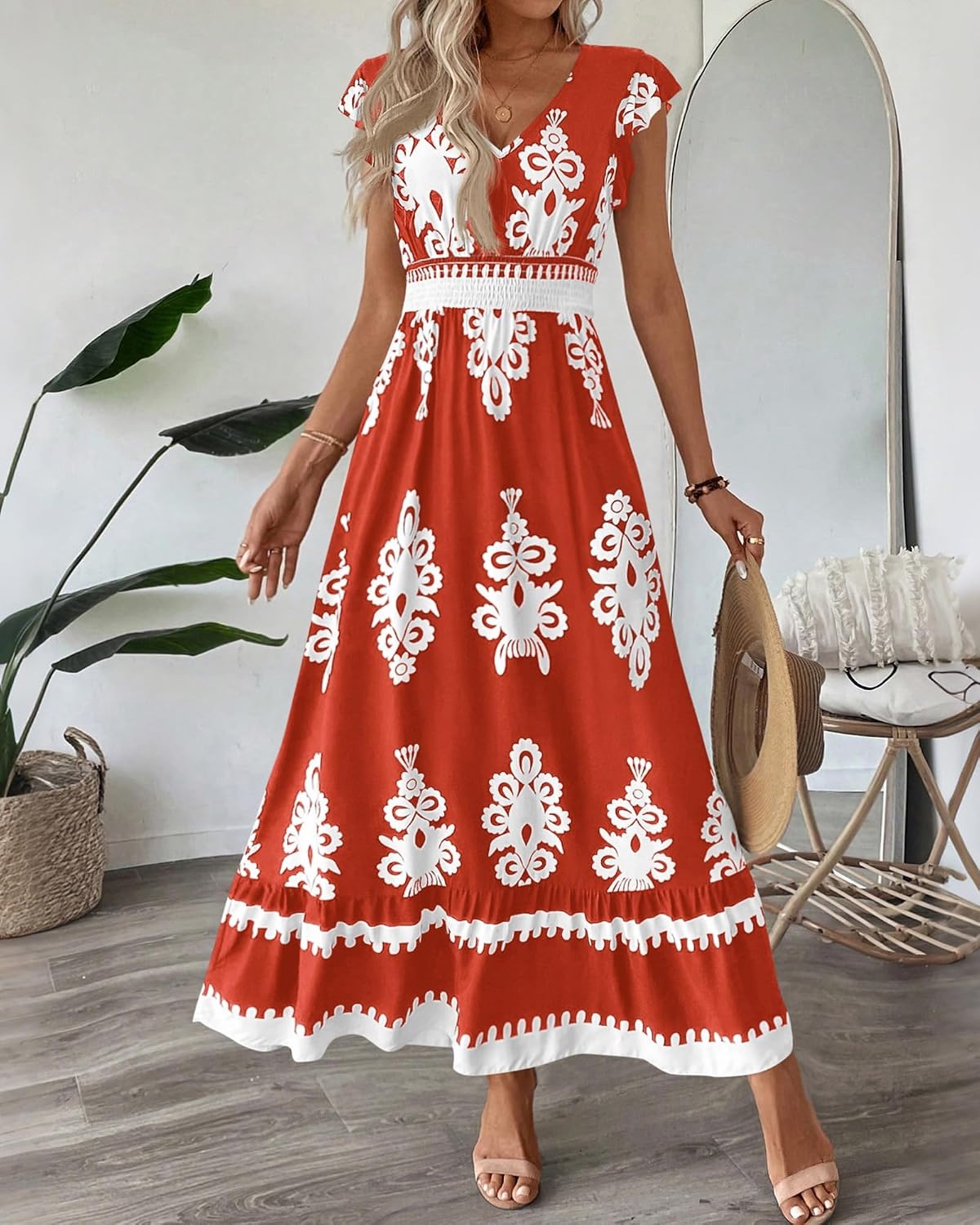 image:imageBTFBM Summer Dresses for Women Beach Fashion Floral Short Sleeve V Neck Boho Long Wedding Guest Maxi Dress SpringFloral Brick Red White