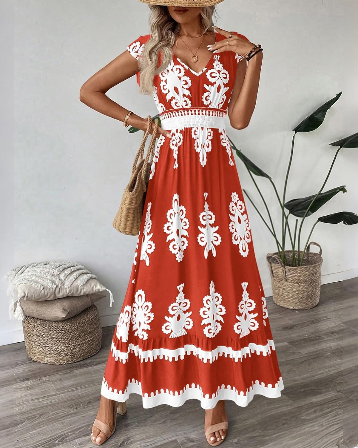 image:imageBTFBM Summer Dresses for Women Beach Fashion Floral Short Sleeve V Neck Boho Long Wedding Guest Maxi Dress SpringFloral Brick Red White