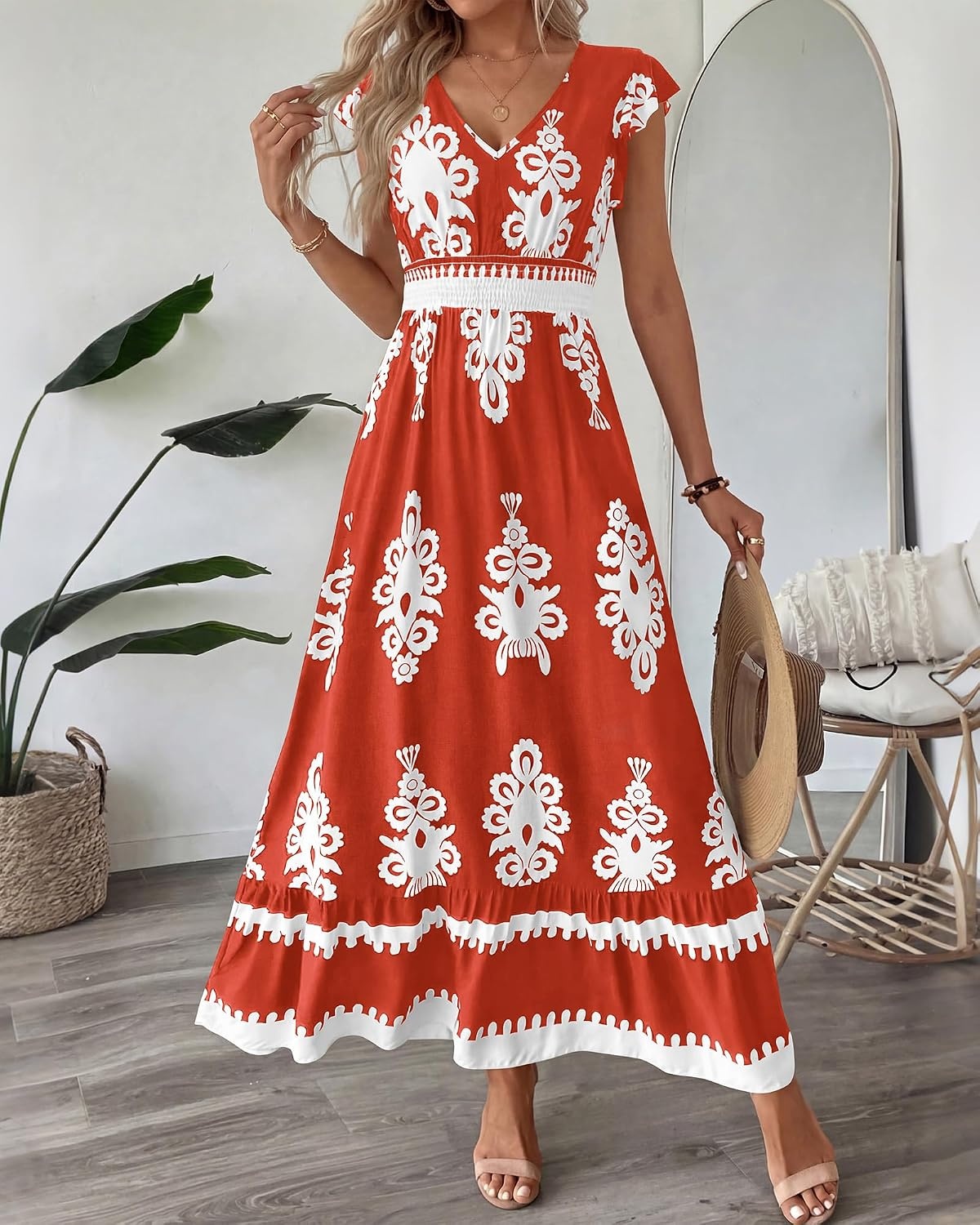 image:imageBTFBM Summer Dresses for Women Beach Fashion Floral Short Sleeve V Neck Boho Long Wedding Guest Maxi Dress SpringFloral Brick Red White